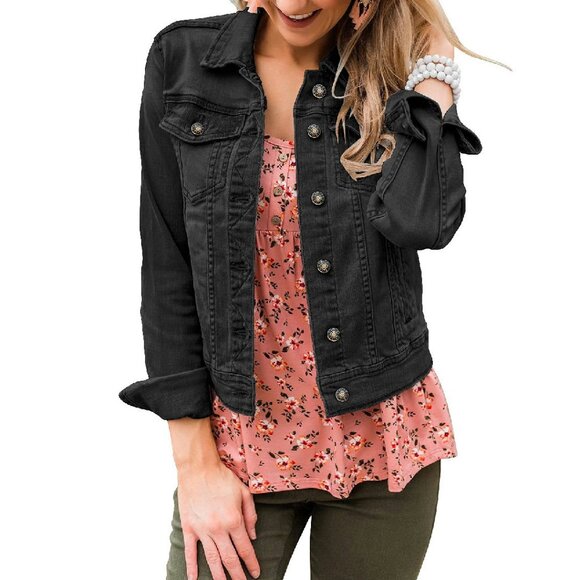 Women's Fitted Denim Jacket Long Sleeve Button Down Classic Fit